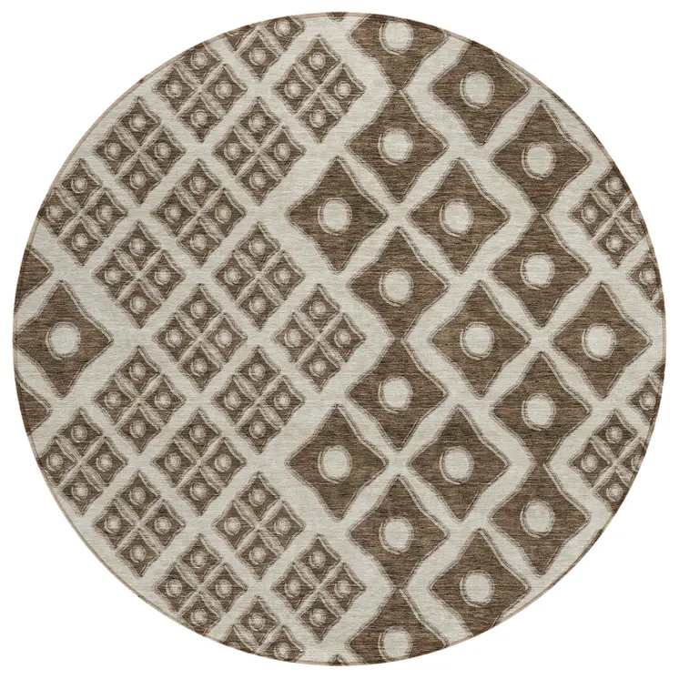 8' Brown And Beige Round Geometric Washable Indoor Outdoor Area Rug