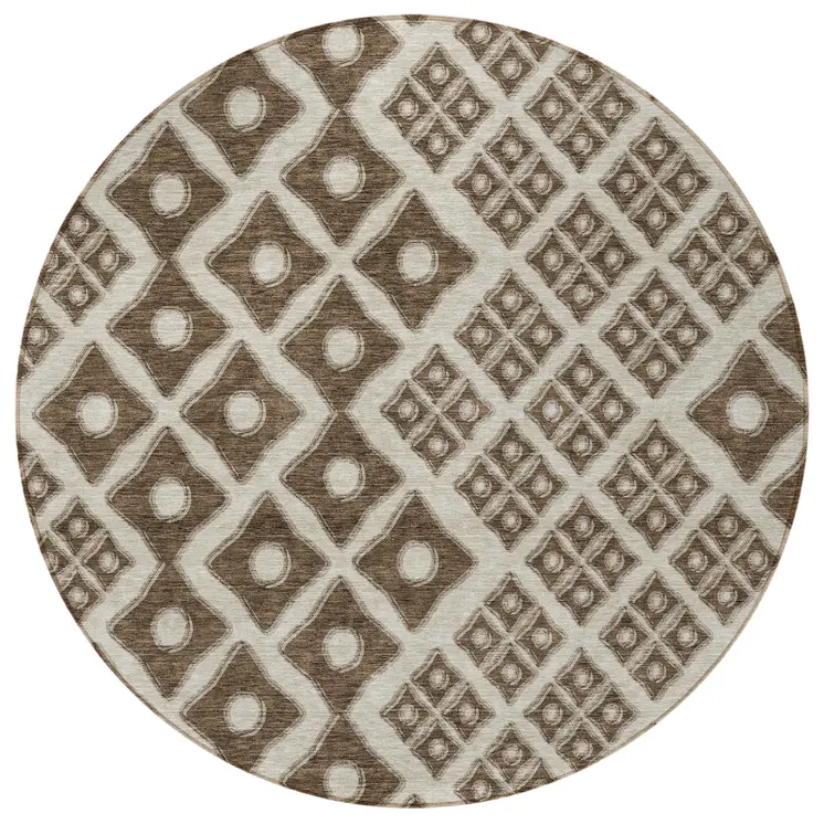 8' Brown And Beige Round Geometric Washable Indoor Outdoor Area Rug