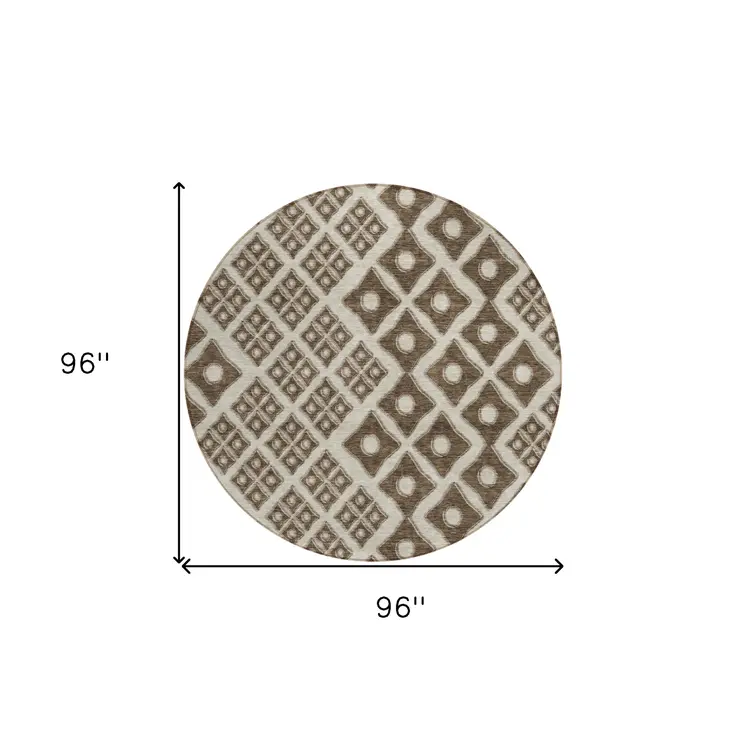 8' Brown And Beige Round Geometric Washable Indoor Outdoor Area Rug