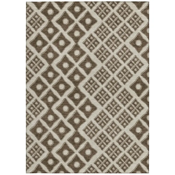 8' X 10' Brown And Beige Geometric Washable Indoor Outdoor Area Rug