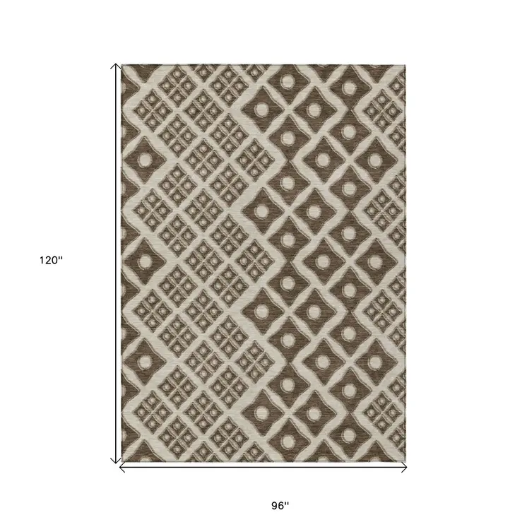 8' X 10' Brown And Beige Geometric Washable Indoor Outdoor Area Rug