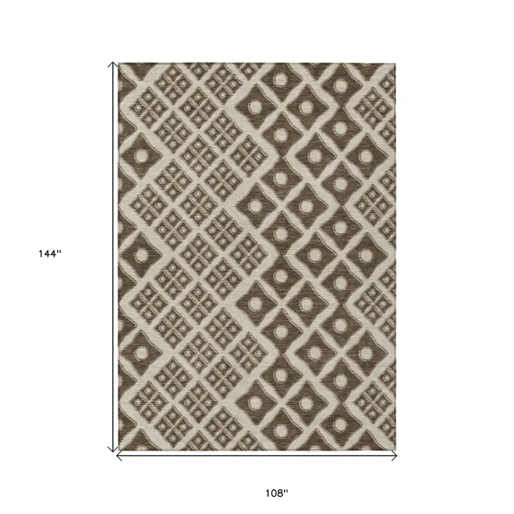 9' X 12' Brown And Beige Geometric Washable Indoor Outdoor Area Rug