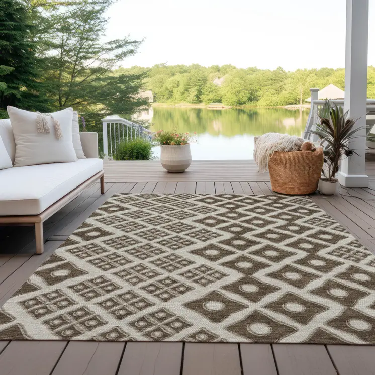9' X 12' Brown And Beige Geometric Washable Indoor Outdoor Area Rug