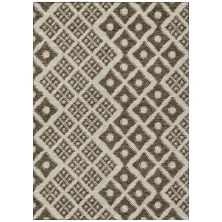 9' X 12' Brown And Beige Geometric Washable Indoor Outdoor Area Rug