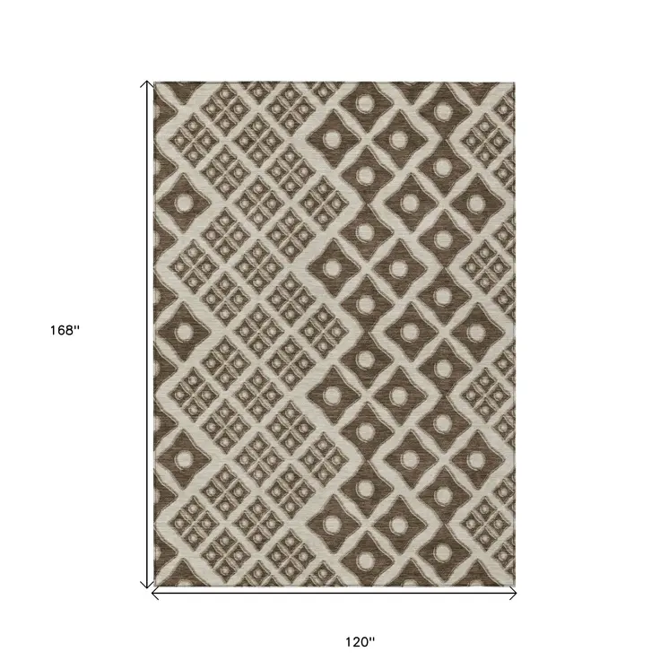 10' X 14' Brown And Beige Geometric Washable Indoor Outdoor Area Rug
