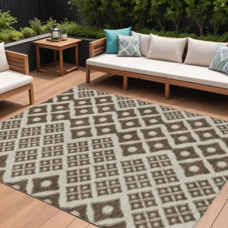 10' X 14' Brown And Beige Geometric Washable Indoor Outdoor Area Rug