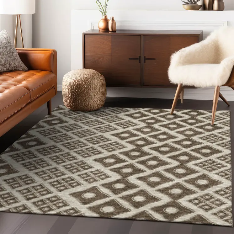 10' X 14' Brown And Beige Geometric Washable Indoor Outdoor Area Rug
