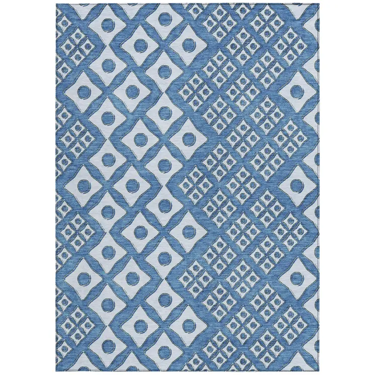 5' X 8' Denim Blue And Light Blue Geometric Washable Indoor Outdoor Area Rug