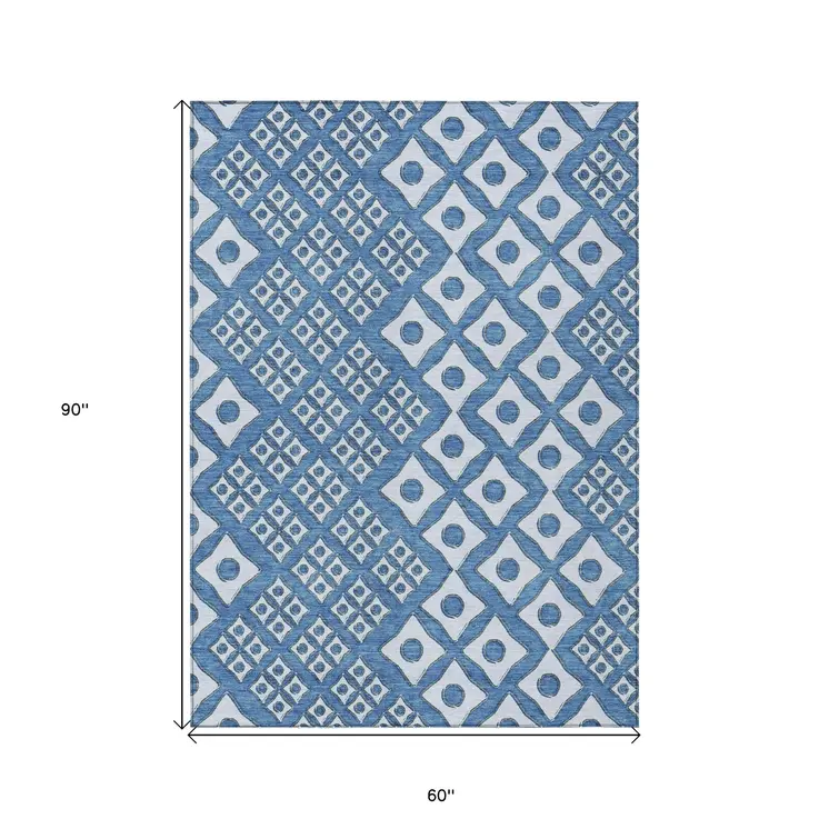 5' X 8' Denim Blue And Light Blue Geometric Washable Indoor Outdoor Area Rug