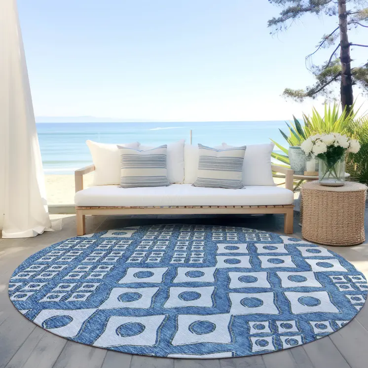 8' Denim Blue And Light Blue Round Geometric Washable Indoor Outdoor Area Rug