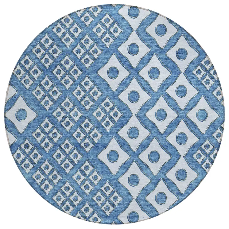 8' Denim Blue And Light Blue Round Geometric Washable Indoor Outdoor Area Rug