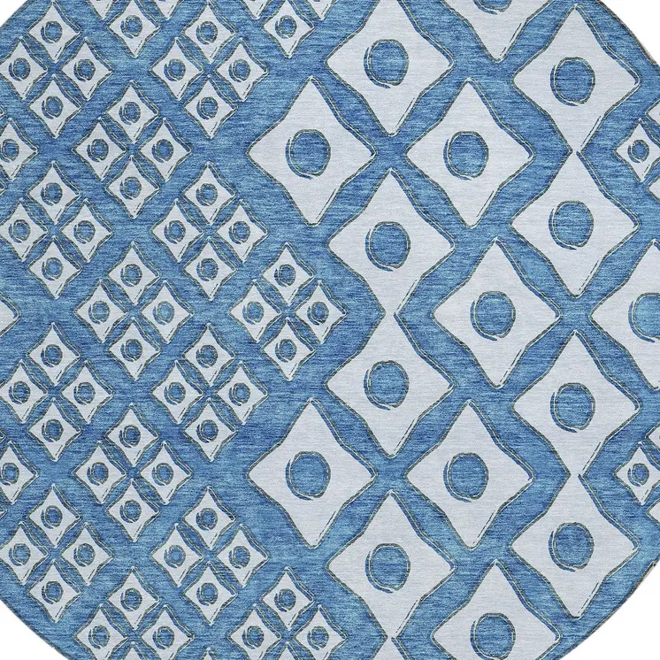 8' Denim Blue And Light Blue Round Geometric Washable Indoor Outdoor Area Rug