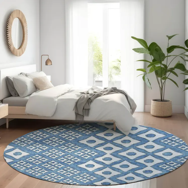 8' Denim Blue And Light Blue Round Geometric Washable Indoor Outdoor Area Rug