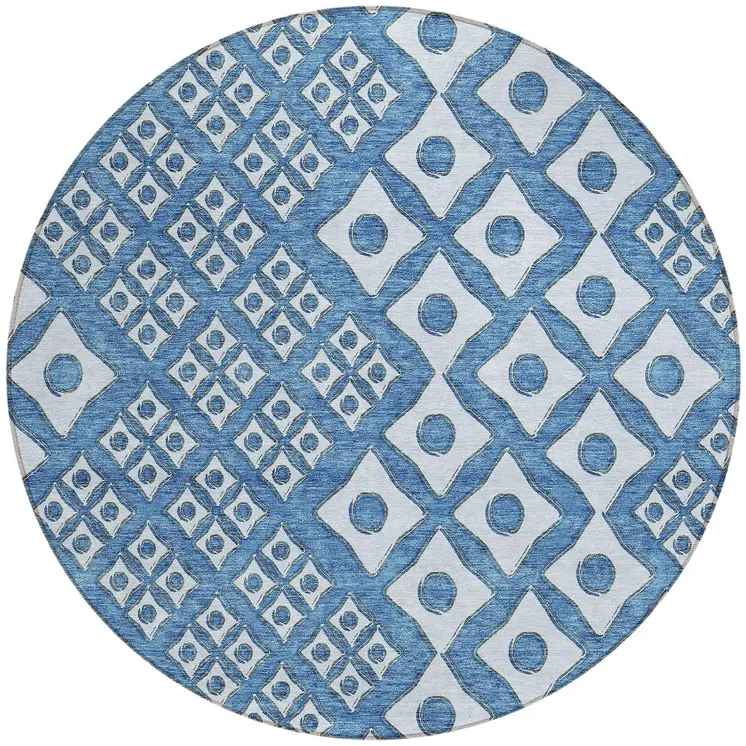8' Denim Blue And Light Blue Round Geometric Washable Indoor Outdoor Area Rug
