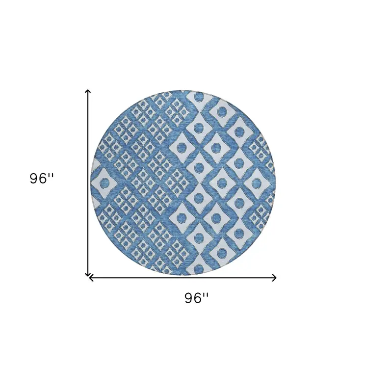 8' Denim Blue And Light Blue Round Geometric Washable Indoor Outdoor Area Rug