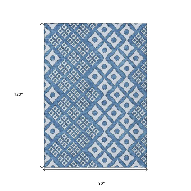 8' X 10' Denim Blue And Light Blue Geometric Washable Indoor Outdoor Area Rug