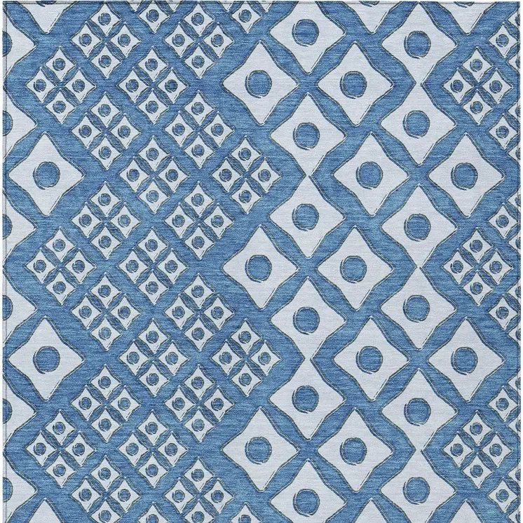 9' X 12' Denim Blue And Light Blue Geometric Washable Indoor Outdoor Area Rug