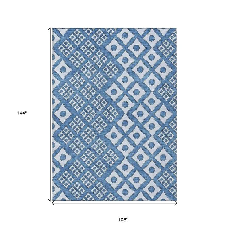 9' X 12' Denim Blue And Light Blue Geometric Washable Indoor Outdoor Area Rug