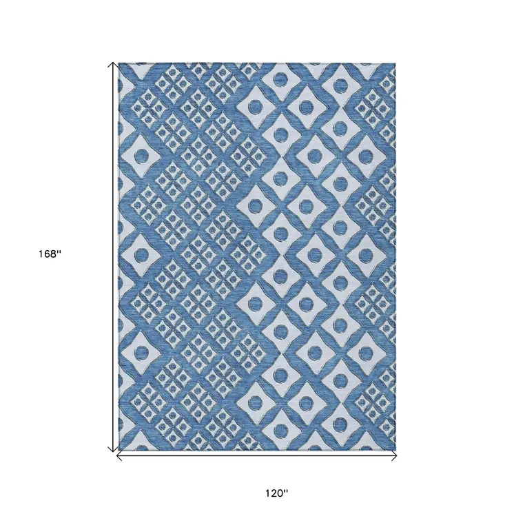 10' X 14' Denim Blue And Light Blue Geometric Washable Indoor Outdoor Area Rug