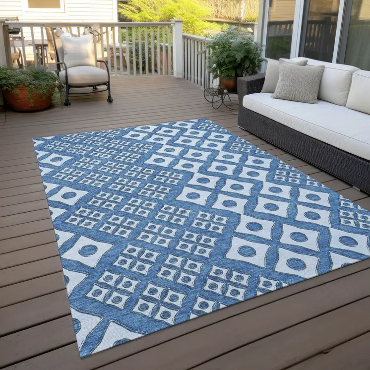 10' X 14' Denim Blue And Light Blue Geometric Washable Indoor Outdoor Area Rug