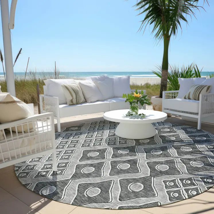 8' Gray And Light Gray Round Geometric Washable Indoor Outdoor Area Rug