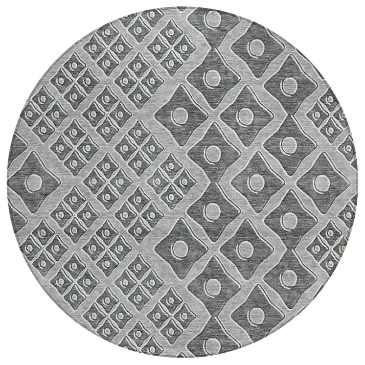 8' Gray And Light Gray Round Geometric Washable Indoor Outdoor Area Rug