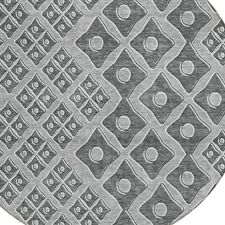 8' Gray And Light Gray Round Geometric Washable Indoor Outdoor Area Rug