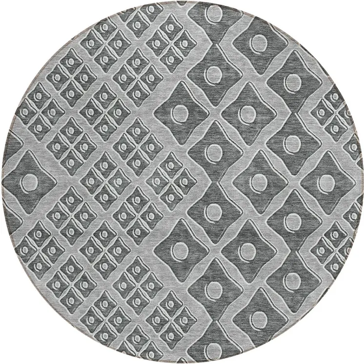 8' Gray And Light Gray Round Geometric Washable Indoor Outdoor Area Rug