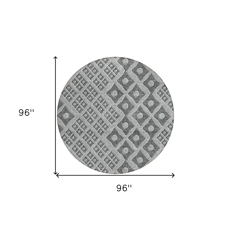 8' Gray And Light Gray Round Geometric Washable Indoor Outdoor Area Rug