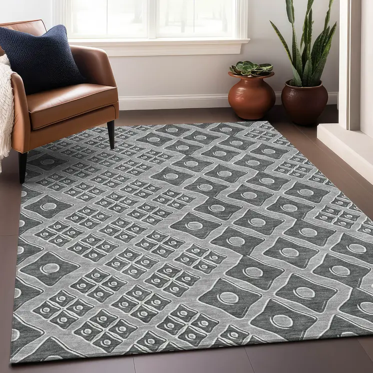 8' X 10' Gray And Light Gray Geometric Washable Indoor Outdoor Area Rug