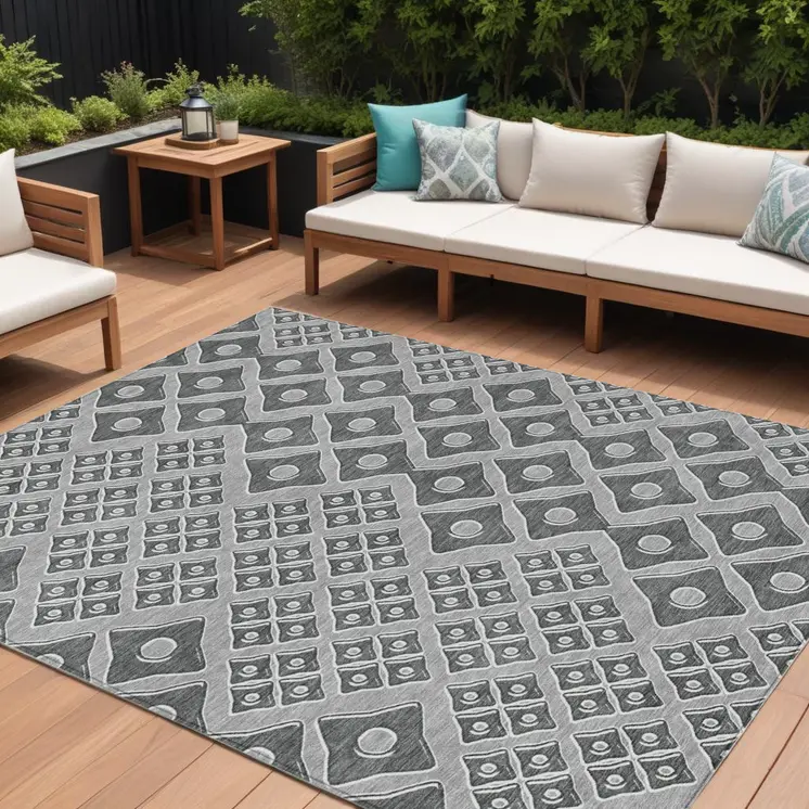 9' X 12' Gray And Light Gray Geometric Washable Indoor Outdoor Area Rug