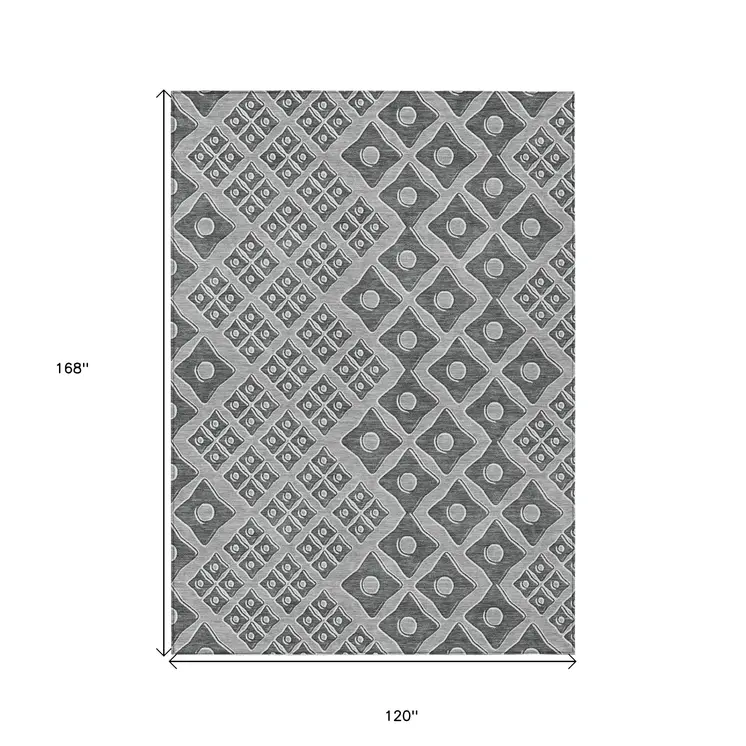 10' X 14' Gray And Light Gray Geometric Washable Indoor Outdoor Area Rug