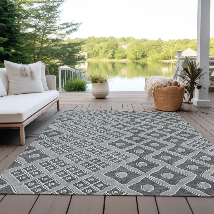 10' X 14' Gray And Light Gray Geometric Washable Indoor Outdoor Area Rug