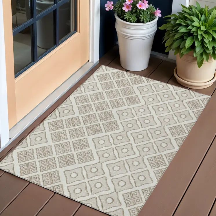 3' X 5' Ivory And Beige Geometric Washable Indoor Outdoor Area Rug