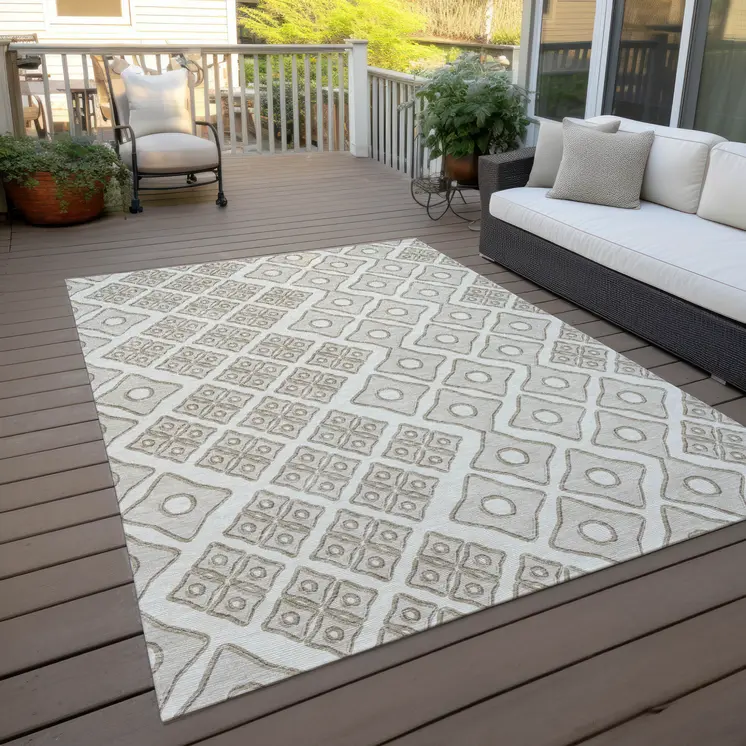 3' X 5' Ivory And Beige Geometric Washable Indoor Outdoor Area Rug