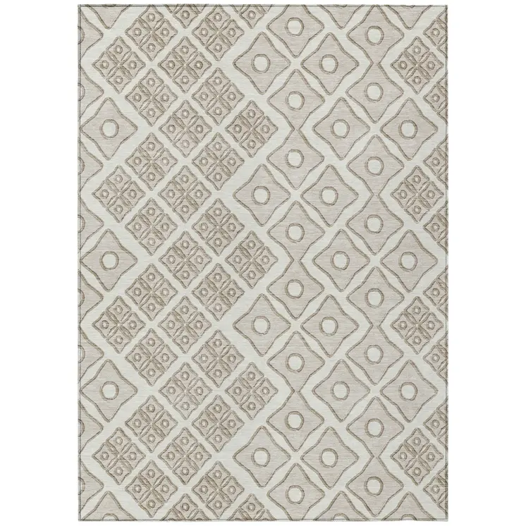 3' X 5' Ivory And Beige Geometric Washable Indoor Outdoor Area Rug