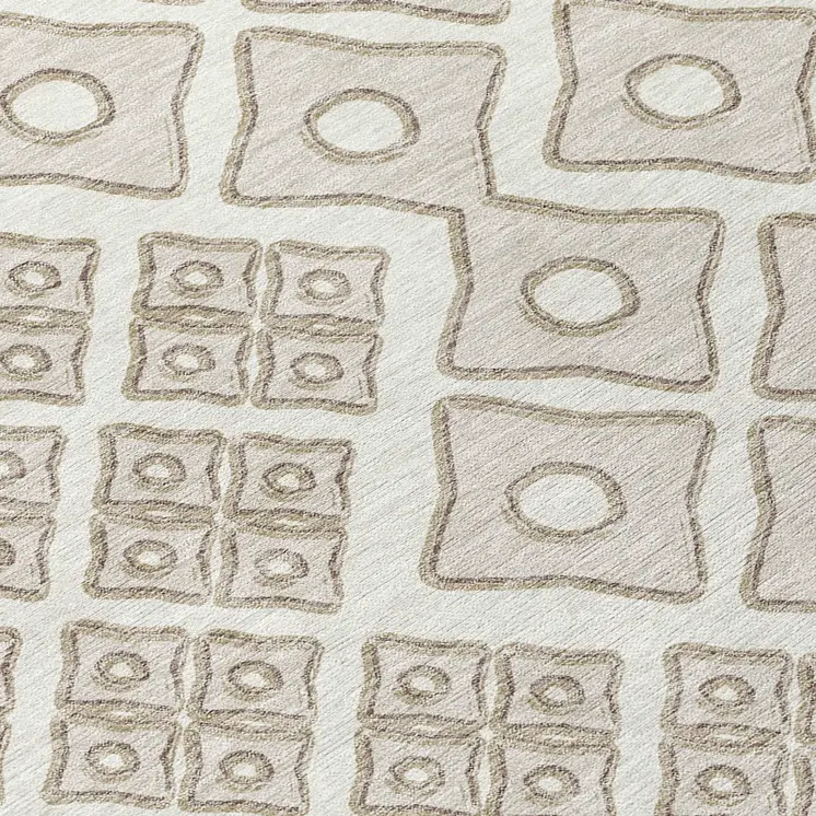 8' Ivory And Beige Round Geometric Washable Indoor Outdoor Area Rug