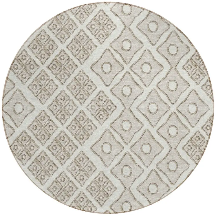 8' Ivory And Beige Round Geometric Washable Indoor Outdoor Area Rug