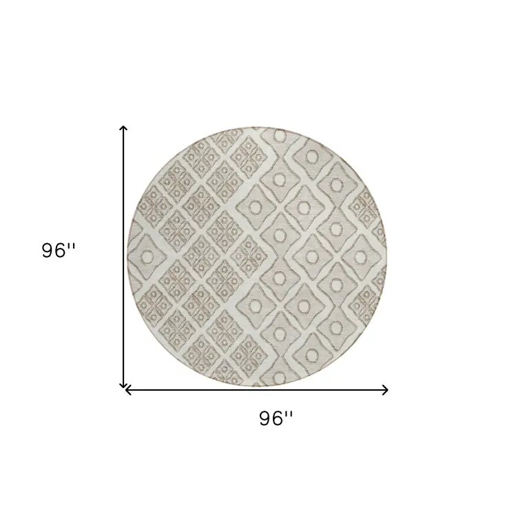 8' Ivory And Beige Round Geometric Washable Indoor Outdoor Area Rug