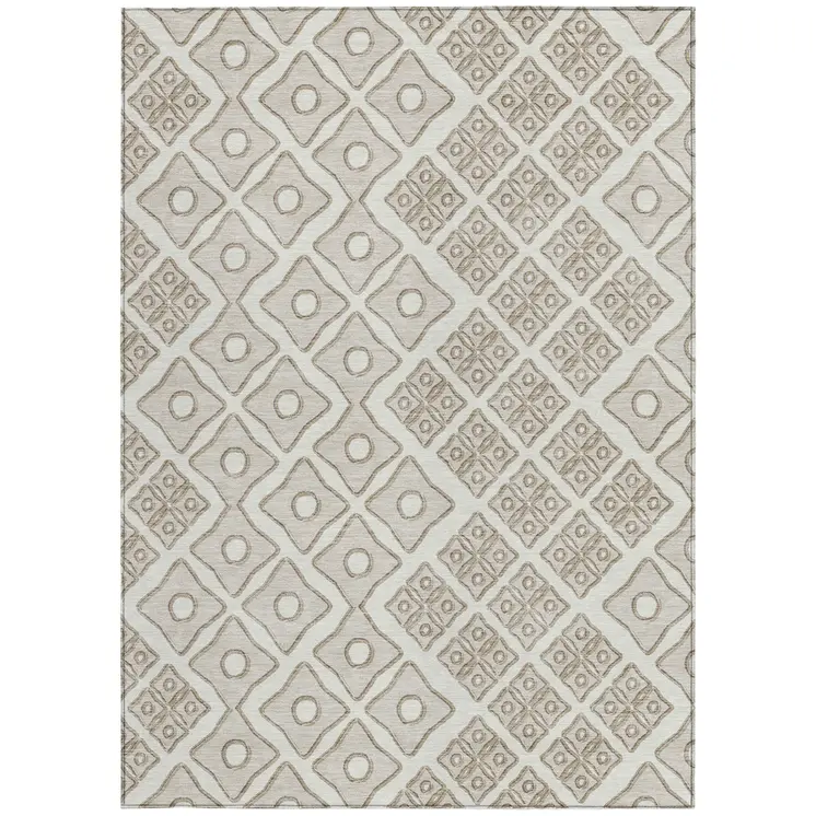 9' X 12' Ivory And Beige Geometric Washable Indoor Outdoor Area Rug