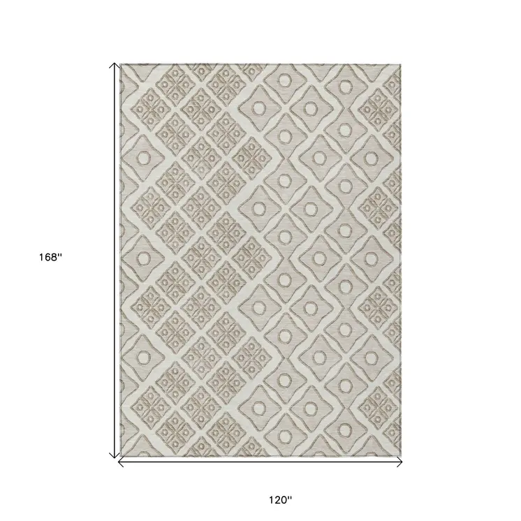 10' X 14' Ivory And Beige Geometric Washable Indoor Outdoor Area Rug