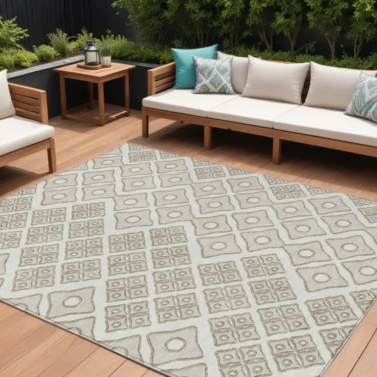 10' X 14' Ivory And Beige Geometric Washable Indoor Outdoor Area Rug