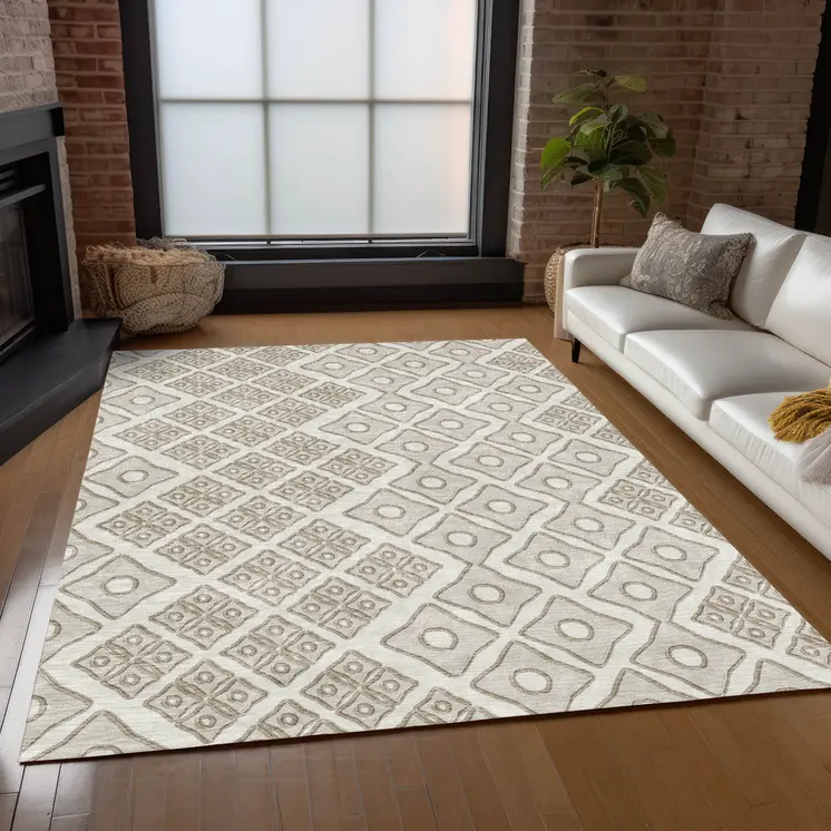 10' X 14' Ivory And Beige Geometric Washable Indoor Outdoor Area Rug