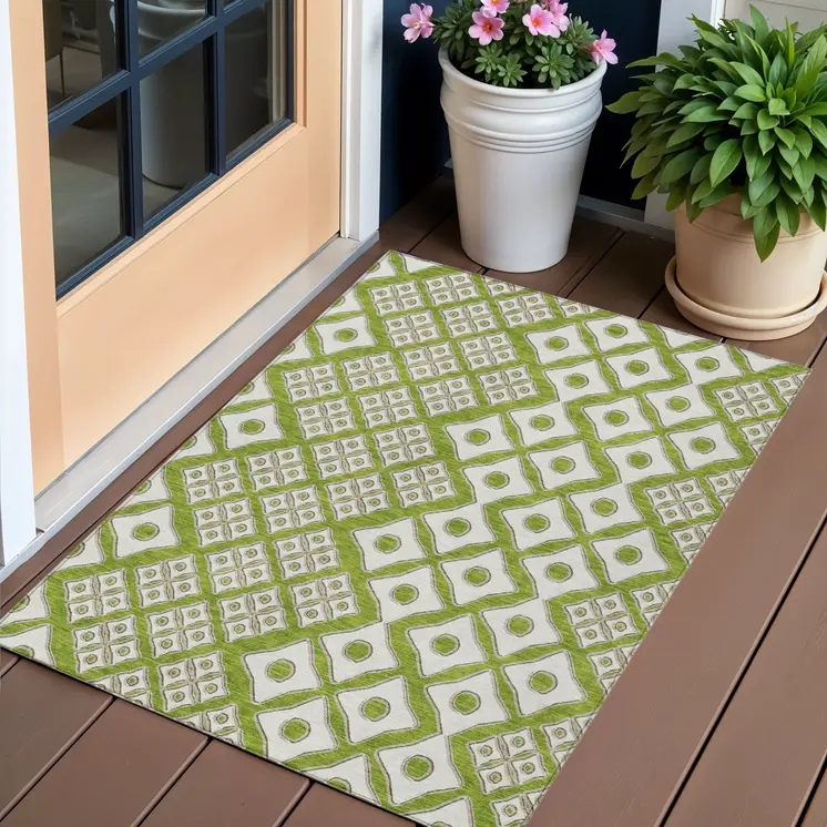 3' X 5' Lime Green And Ivory Geometric Washable Indoor Outdoor Area Rug