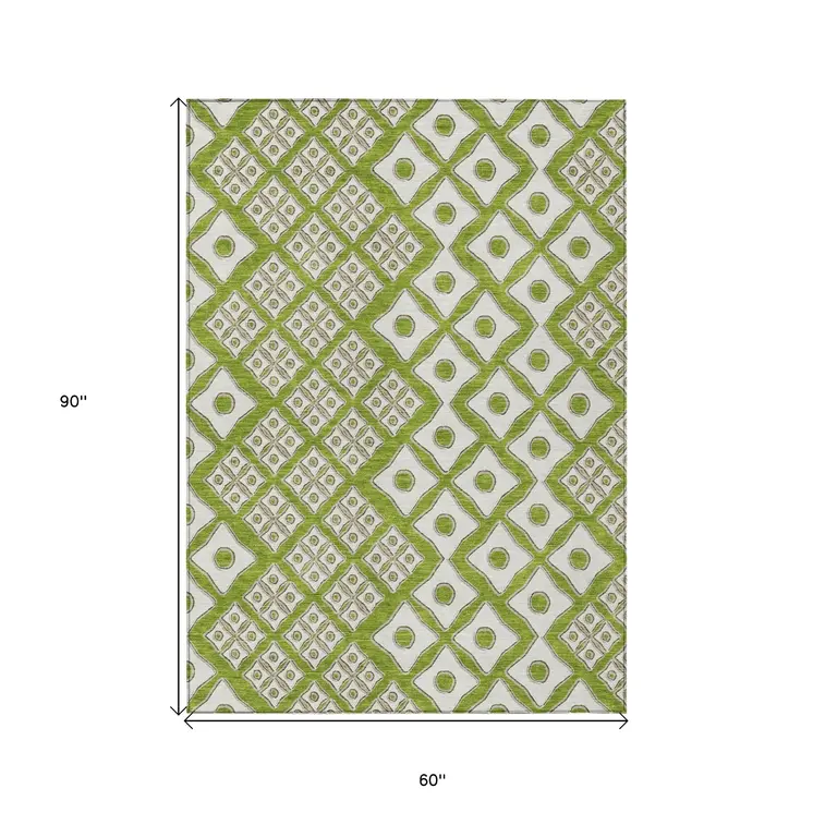 5' X 8' Lime Green And Ivory Geometric Washable Indoor Outdoor Area Rug