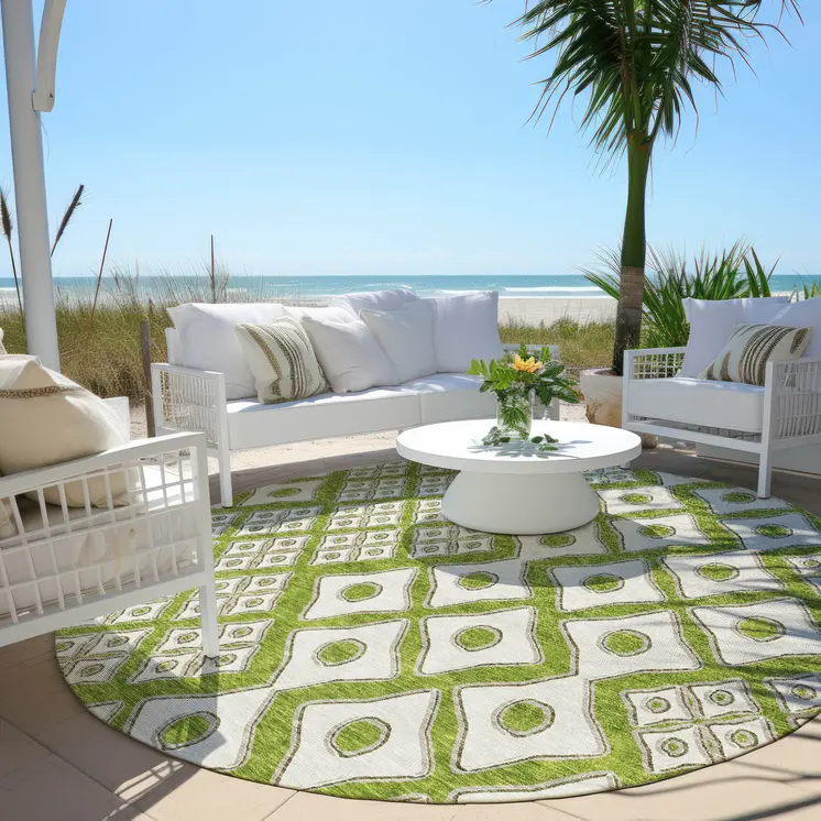8' Lime Green And Ivory Round Geometric Washable Indoor Outdoor Area Rug