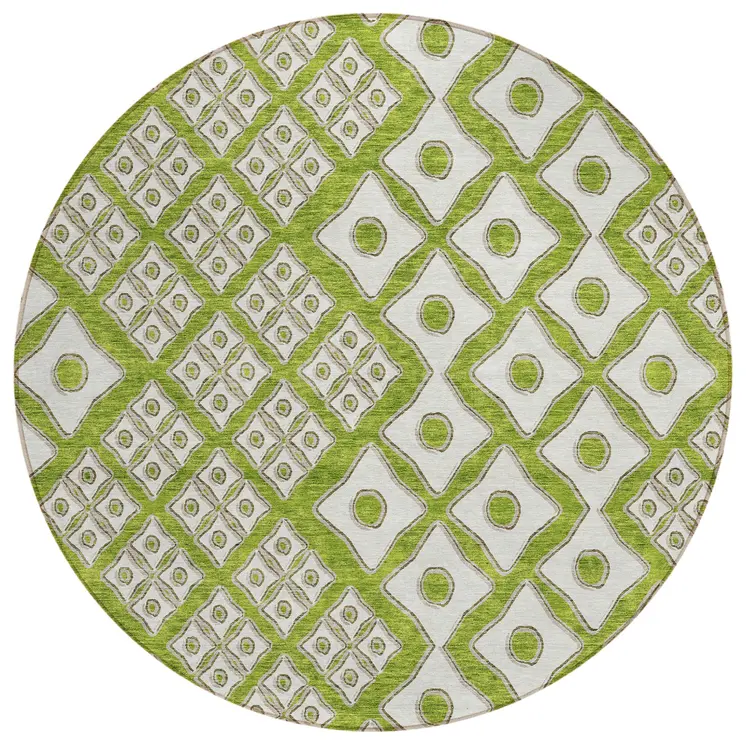 8' Lime Green And Ivory Round Geometric Washable Indoor Outdoor Area Rug