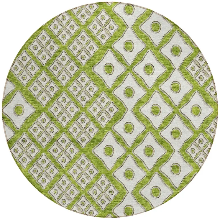 8' Lime Green And Ivory Round Geometric Washable Indoor Outdoor Area Rug