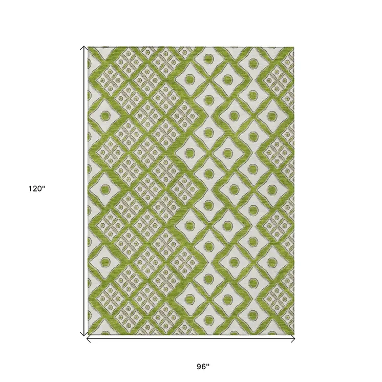 8' X 10' Lime Green And Ivory Geometric Washable Indoor Outdoor Area Rug