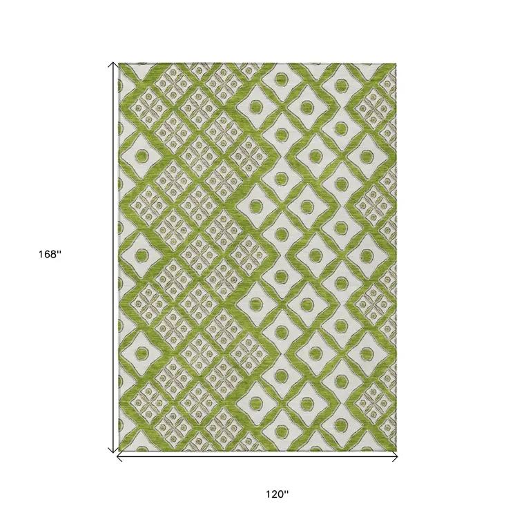 10' X 14' Lime Green And Ivory Geometric Washable Indoor Outdoor Area Rug
